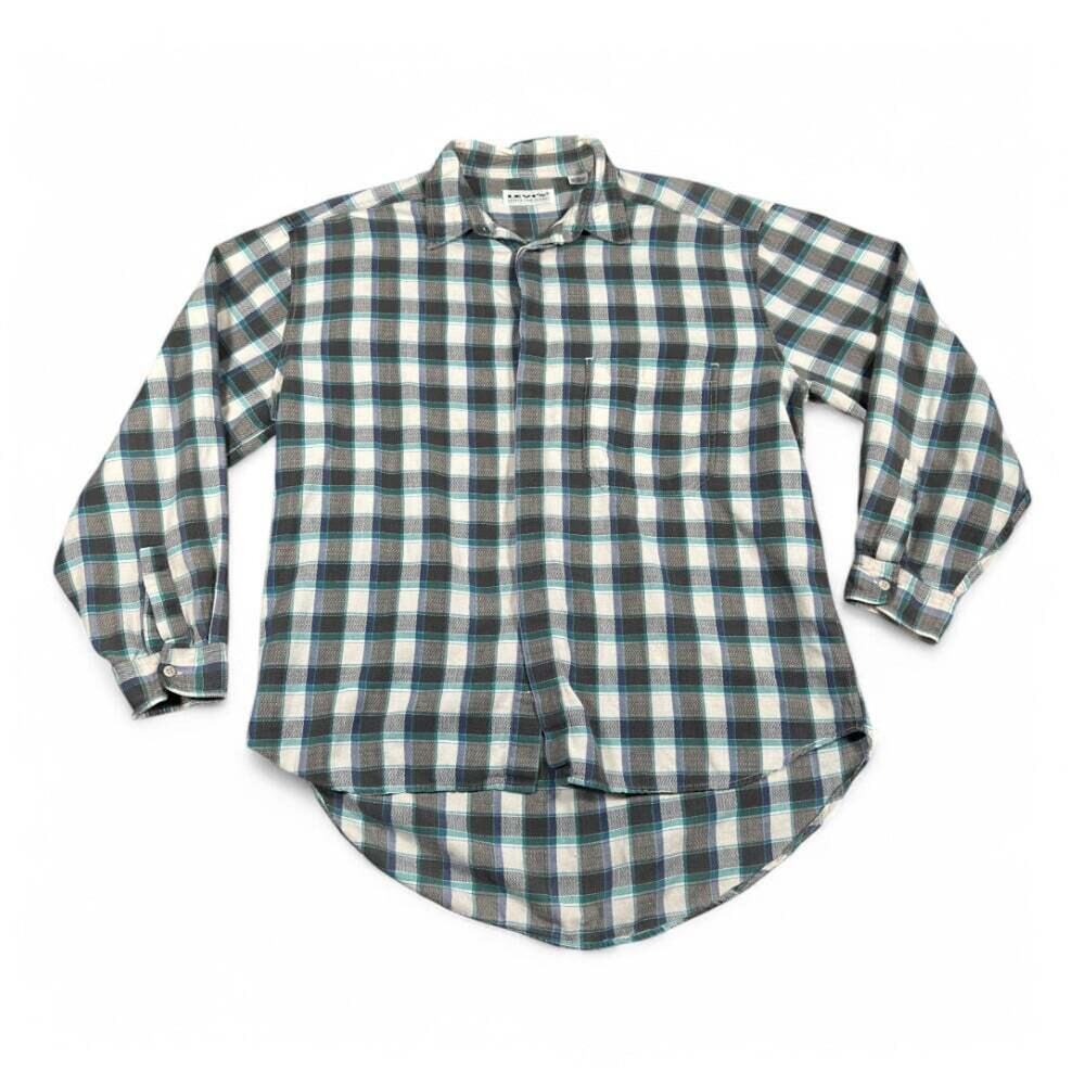 Vintage Levis Shirt Adult LARGE Gray Green Blue Plaid Grunge Button Down 90s